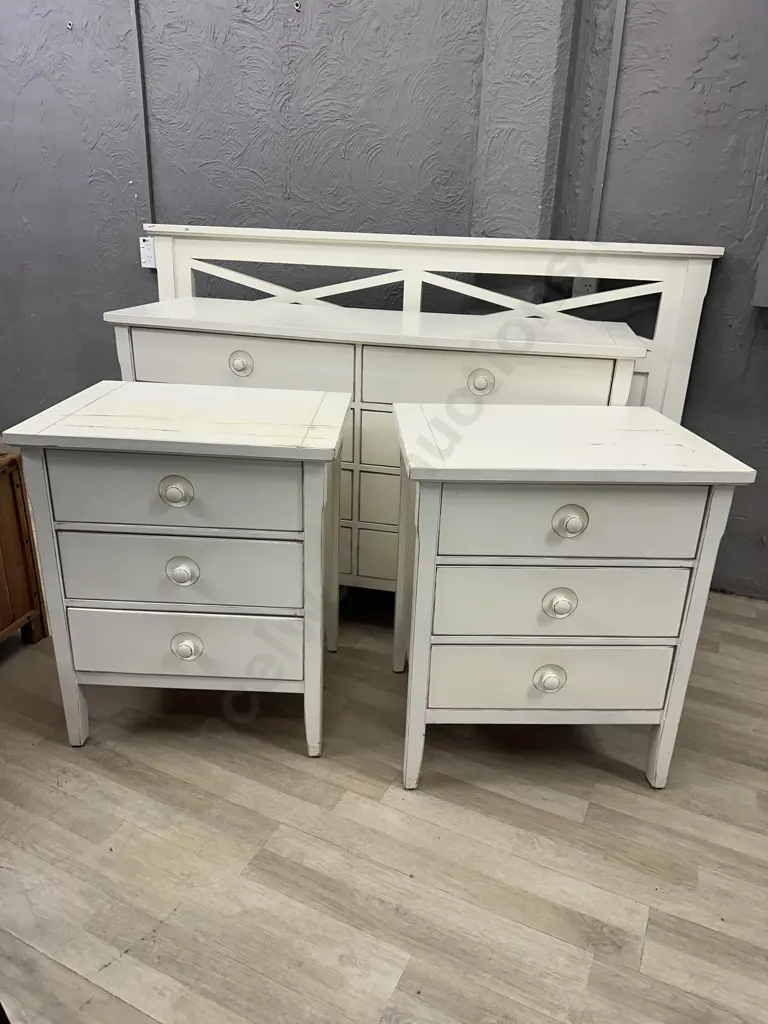 Cream Semi Distressed Effect Bedroom Suite, 8 Drawer Lowboy, Pair of 3 Drawer Bedsides And 111 x 180cm Headboard Image 1++